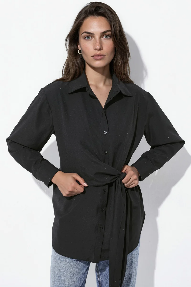 هيكاب Allover Rhinestone Embellished Shirt with Tie Detail
