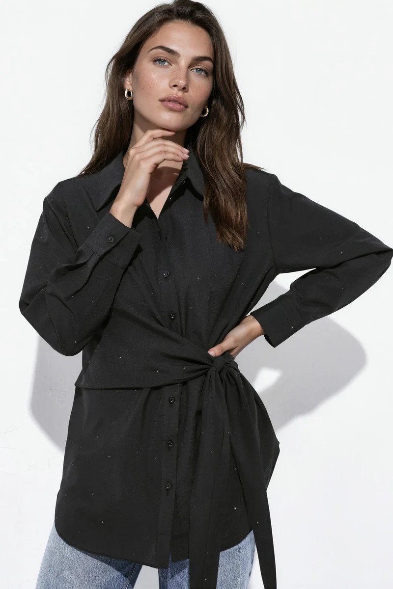 هيكاب Allover Rhinestone Embellished Shirt with Tie Detail