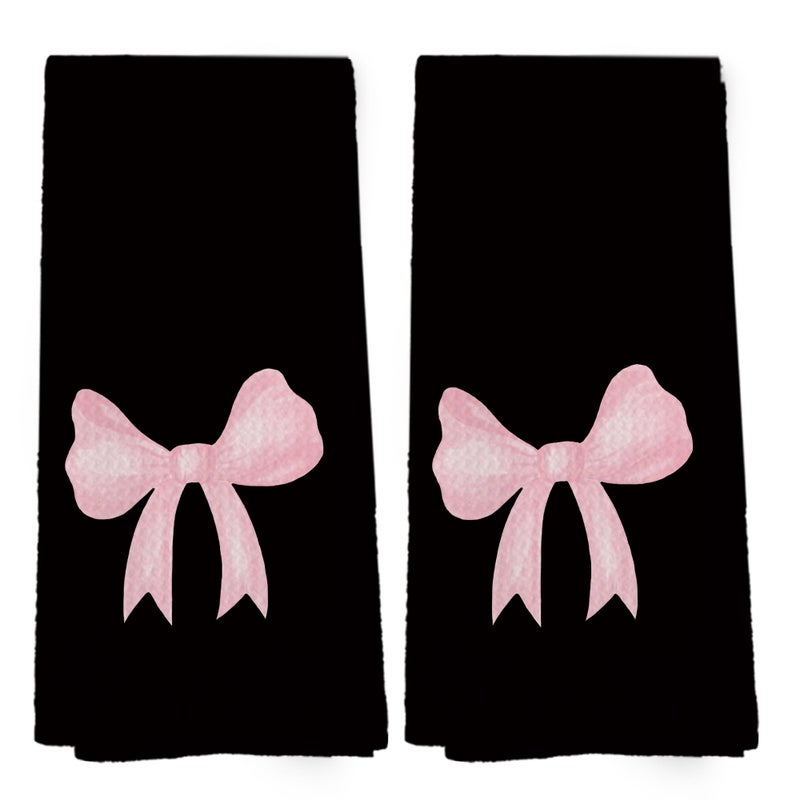 Mcehtle Coquette Black Pink Bow Girls Gifts Kitchen Towels Set of 2, College Dorm Bow Ribbon Hand Towels for Bathroom Decorative Dish Towels, Coquette Girly Bathroom Decor, 16x24 Inch - Image 1