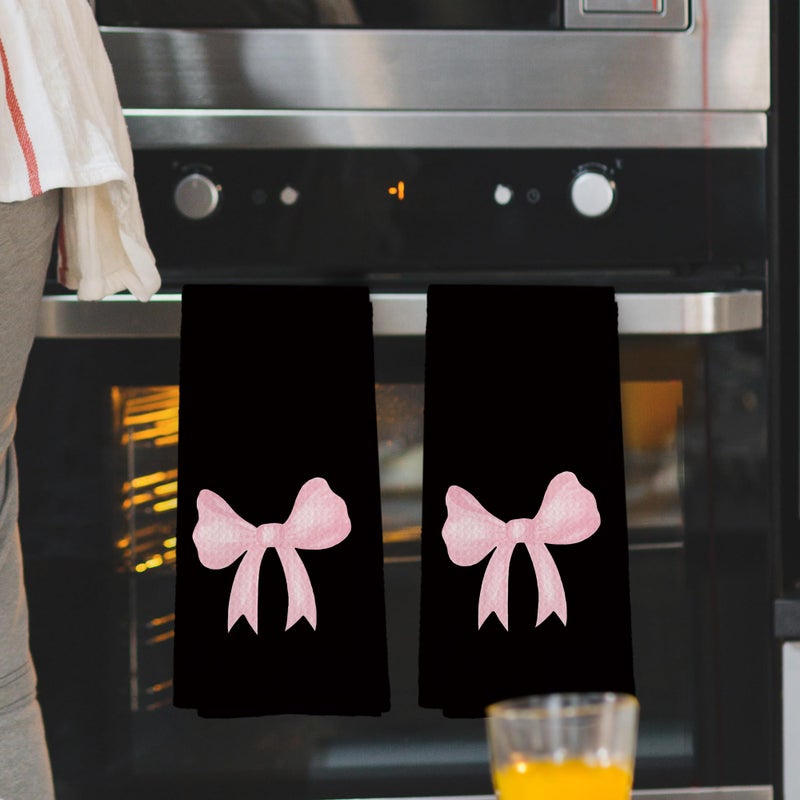 Mcehtle Coquette Black Pink Bow Girls Gifts Kitchen Towels Set of 2, College Dorm Bow Ribbon Hand Towels for Bathroom Decorative Dish Towels, Coquette Girly Bathroom Decor, 16x24 Inch - Image 2