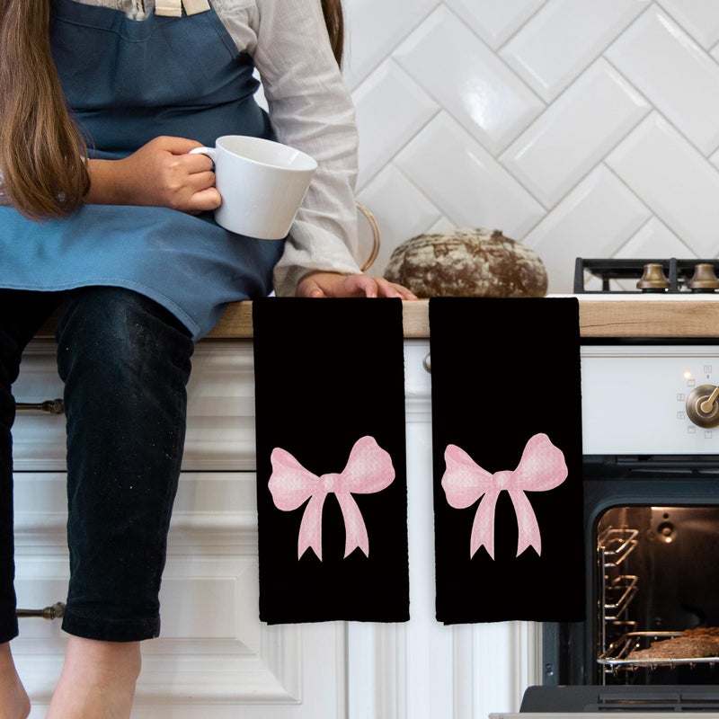 Mcehtle Coquette Black Pink Bow Girls Gifts Kitchen Towels Set of 2, College Dorm Bow Ribbon Hand Towels for Bathroom Decorative Dish Towels, Coquette Girly Bathroom Decor, 16x24 Inch - Image 3