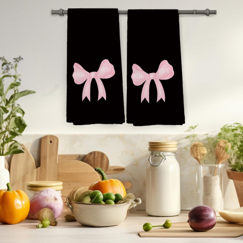 Mcehtle Coquette Black Pink Bow Girls Gifts Kitchen Towels Set of 2, College Dorm Bow Ribbon Hand Towels for Bathroom Decorative Dish Towels, Coquette Girly Bathroom Decor, 16x24 Inch - Image 4