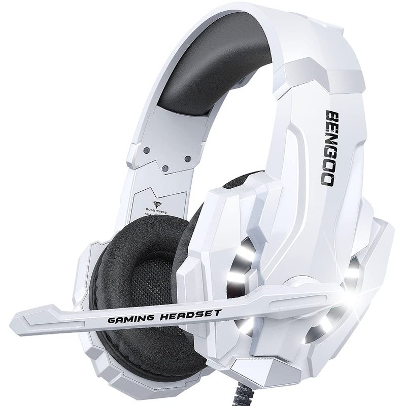 BENGOO Pro Gaming Headset for PS4 PS5 PC Xbox One Controller, Noise Cancelling Over Ear Headphones with Mic, LED Light, Bass Surround, Soft Memory Earmuffs for Laptop Mac - White - Image 1
