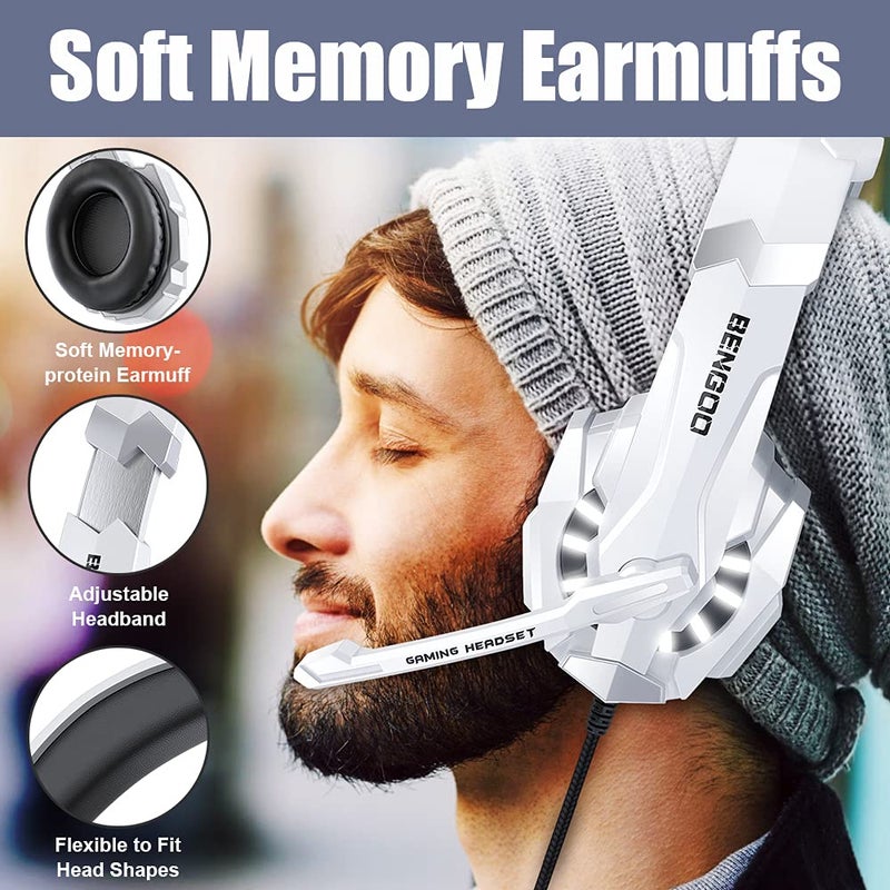 BENGOO Pro Gaming Headset for PS4 PS5 PC Xbox One Controller, Noise Cancelling Over Ear Headphones with Mic, LED Light, Bass Surround, Soft Memory Earmuffs for Laptop Mac - White - Image 3