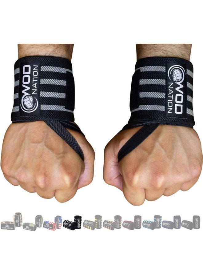 WOD Nation أربطة المعصم لرفع الأثقال - أربطة المعصم لرفع الأثقال للرجال والنساء (12" أو 18") (12 بوصة - أسود/رمادي) - Image 1
