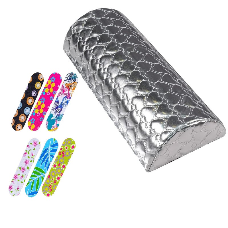 STORE 2508 Store2508 Soft PU Leather Nail Art Hand Rest Cushion Pillow with 6 Pcs Colourful Mini Nail Buffers Silver - Image 1