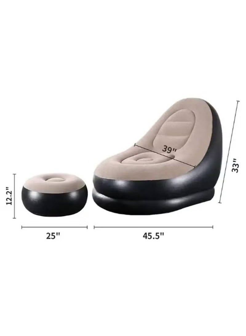 Thickened flocking inflatable sofa, lazy sofa bed footstool set, outdoor foldable air cushion recliner, PVC material, maximum load 100 kg Brown - Image 5