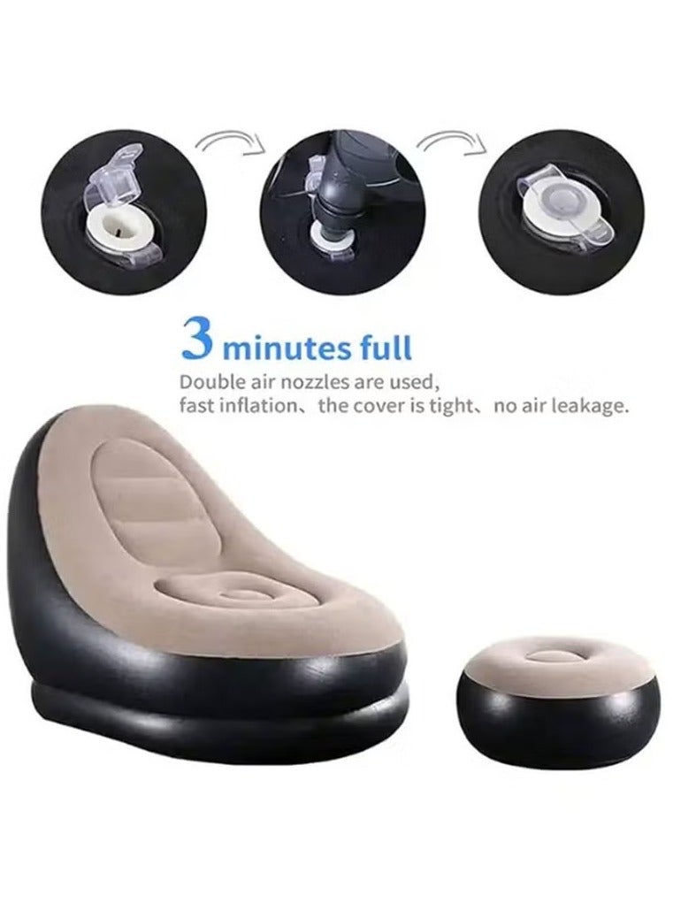 Thickened flocking inflatable sofa, lazy sofa bed footstool set, outdoor foldable air cushion recliner, PVC material, maximum load 100 kg Brown - Image 4