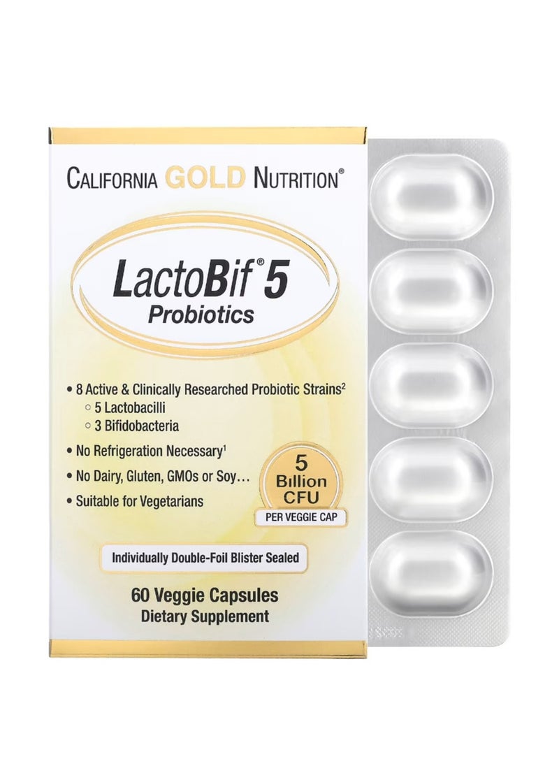 California Gold Nutrition LactoBif 5 Probiotic 5 Billion CFU 60 Veggie Capsules  - Image 1