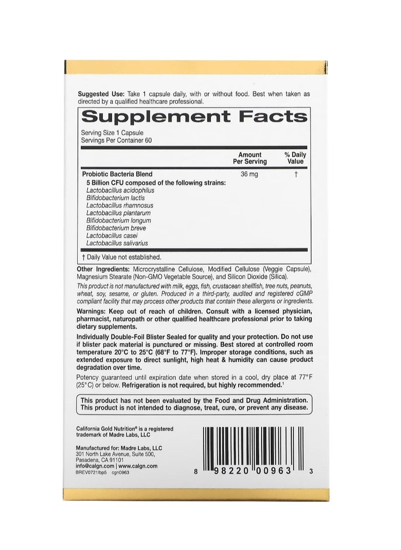 California Gold Nutrition LactoBif 5 Probiotic 5 Billion CFU 60 Veggie Capsules  - Image 2
