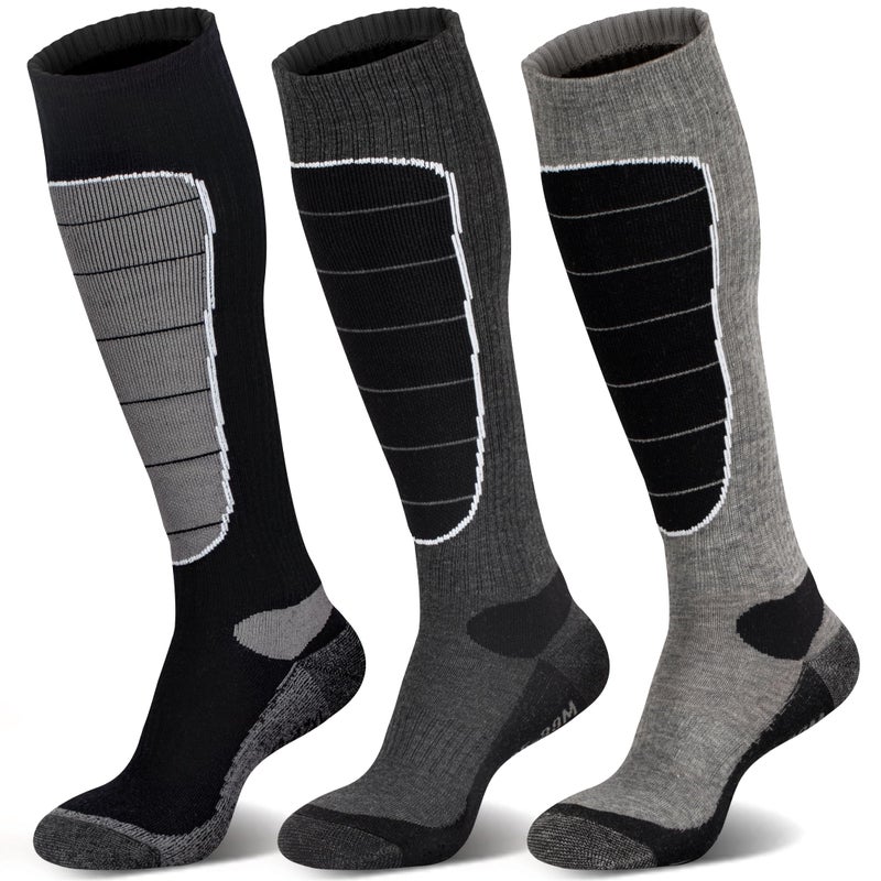 Hylaea Merino Wool Cold Weather Ski Socks for Snowboarding, Snow, Winter - Thermal Knee-High Warm Socks for Hunting, Outdoor Sports (3 Pairs, Black Grey Grey, X-Large) - Image 1