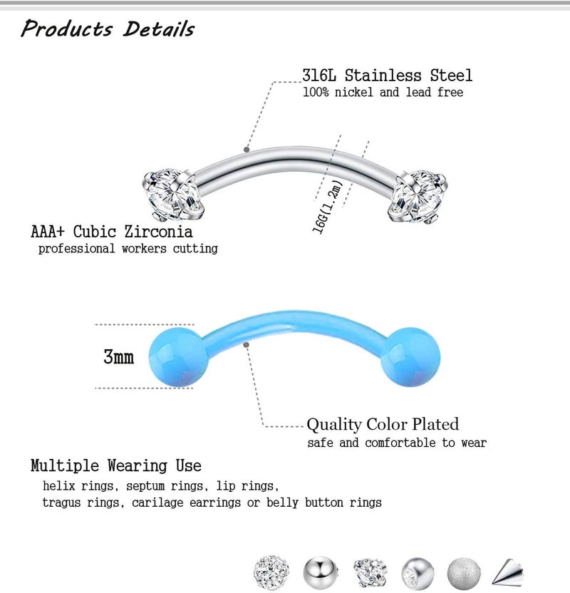 EVELICAL 20-48Pcs 16G Eyebrow Piercing Rook Curved Barbell Kit Eyebrow Tragus Lip Rings for Women Men 8-10mm - Image 2