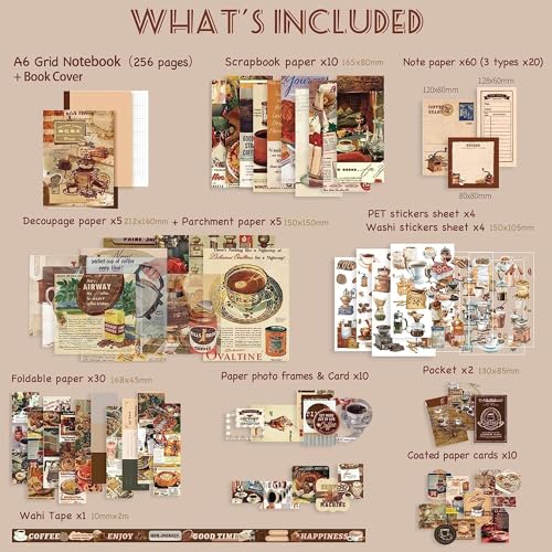 ATIRAMANIYA Paper Vintage Aesthetic Scrapbook Kit(346Pcs) Scrapbooking Supplies Kit with Bullet Junk Journal,Stationery,A6 Grid Notebook Journaling Gift for Girl (Coffee Scrapbook) - Image 2