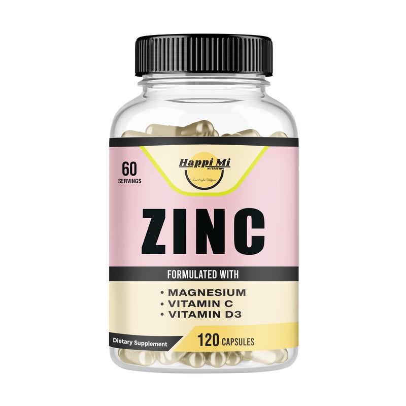 Happi Mi Nutrition مكملات هابي مي الغذائية زنك 100 ملغ مغنيسيوم جليسينات 150 ملغ فيتامين د3 5000 وحدة دولية فيتامين ج 500 ملغ لكل حصة دعم المناعة معزز المناعة دعم مضادات الأكسدة