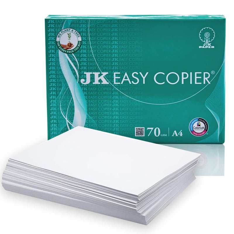 JK Easy Copier Paper | A4 Size | 70 GSM | White Paper | For LaserJet & Inkjet Printer | Fast Drying | Both Side Print | Eco Friendly (2500)