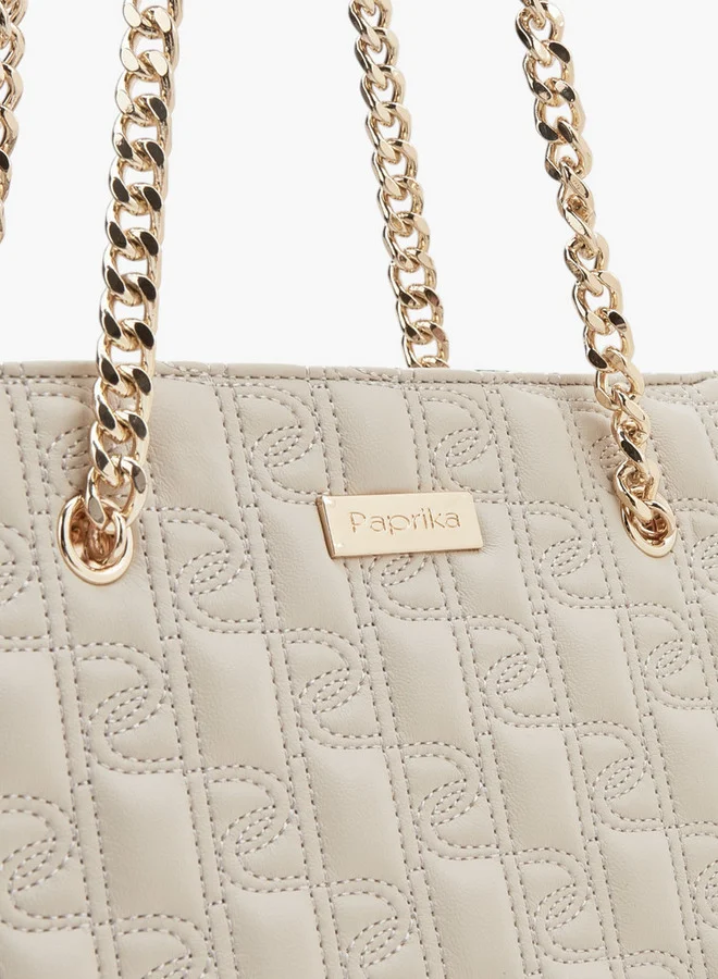 Paprika Stitch Detail Tote Bag with Double Chain Strap and Zip Closure