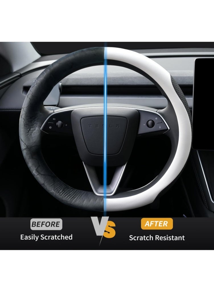 KISSUN Nappa Leather Steering Wheel Cover for Tesla Model 3/Y 2016-2024, Non-Slip Breathable Tesla Model 3/Y Steering Wheel Protector, White - Image 2