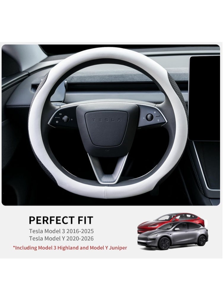 KISSUN Nappa Leather Steering Wheel Cover for Tesla Model 3/Y 2016-2024, Non-Slip Breathable Tesla Model 3/Y Steering Wheel Protector, White - Image 4
