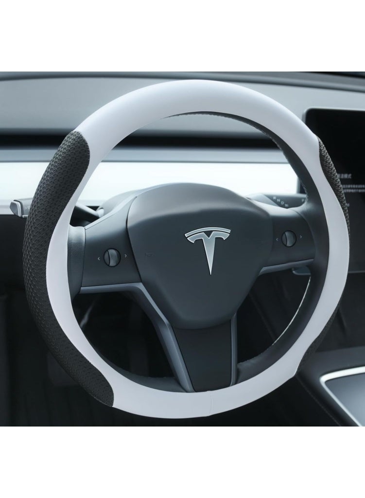 KISSUN Nappa Leather Steering Wheel Cover for Tesla Model 3/Y 2016-2024, Non-Slip Breathable Tesla Model 3/Y Steering Wheel Protector, White - Image 1