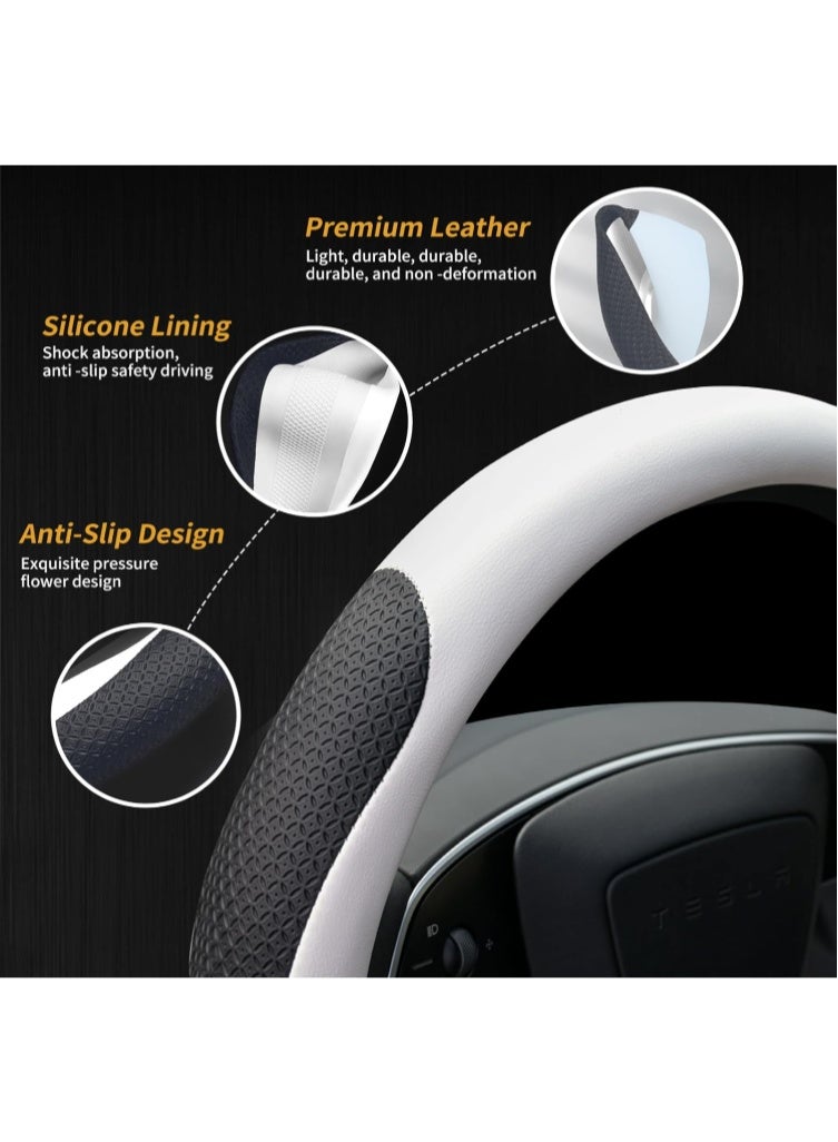 KISSUN Nappa Leather Steering Wheel Cover for Tesla Model 3/Y 2016-2024, Non-Slip Breathable Tesla Model 3/Y Steering Wheel Protector, White - Image 5