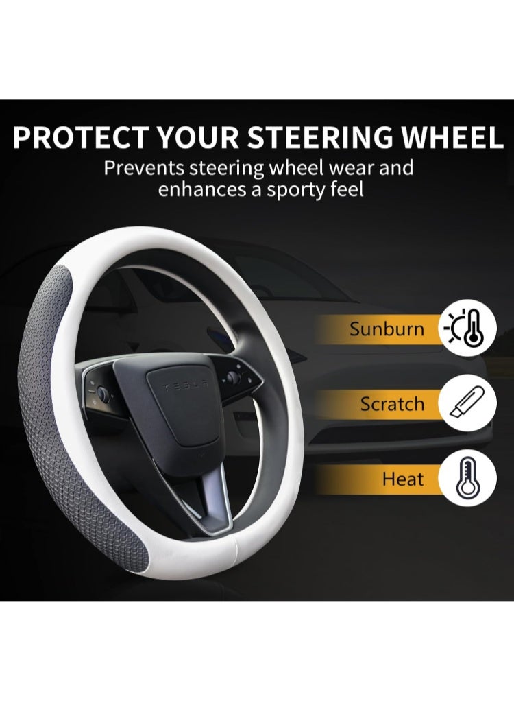 KISSUN Nappa Leather Steering Wheel Cover for Tesla Model 3/Y 2016-2024, Non-Slip Breathable Tesla Model 3/Y Steering Wheel Protector, White - Image 3
