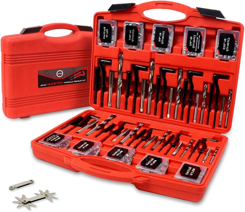 AKM 338Pc Thread Repair Kit, HSS Drill Helicoil Repair Kit SAE&Metric，1/4" 5/16" 3/8" 7/16" 1/2" M5 M6 M8 M10 M12 Kit with Thread Gauge - Image 1