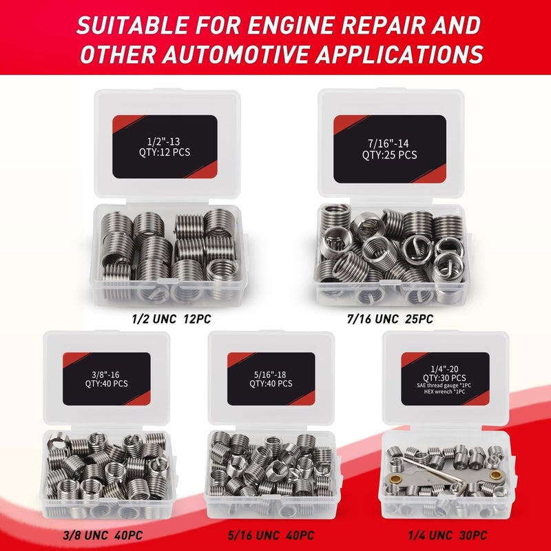 AKM 338Pc Thread Repair Kit, HSS Drill Helicoil Repair Kit SAE&Metric，1/4" 5/16" 3/8" 7/16" 1/2" M5 M6 M8 M10 M12 Kit with Thread Gauge - Image 5