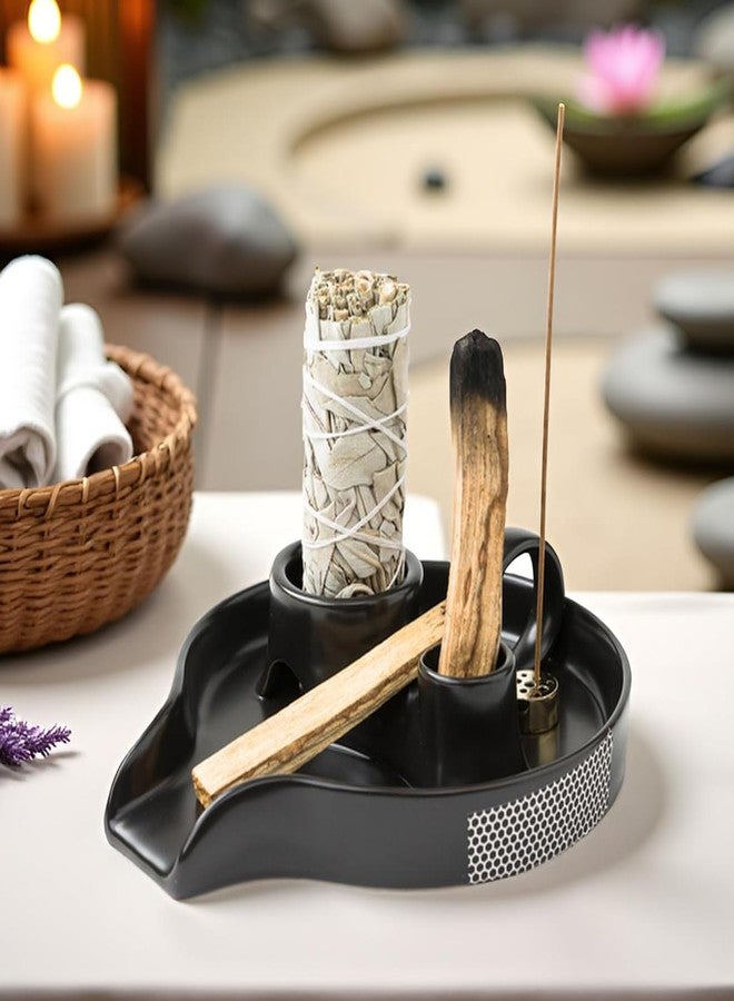 YIASSON Ceramic 4 in 1 Incense Holder Burner, Sage Holder with Handle, Sage Holder for Burning, Palo Santo Holder, Sage and Palo Santo Burner, Incense Stick Holder, Fireproof Bowl for Burning Ritual - Image 1
