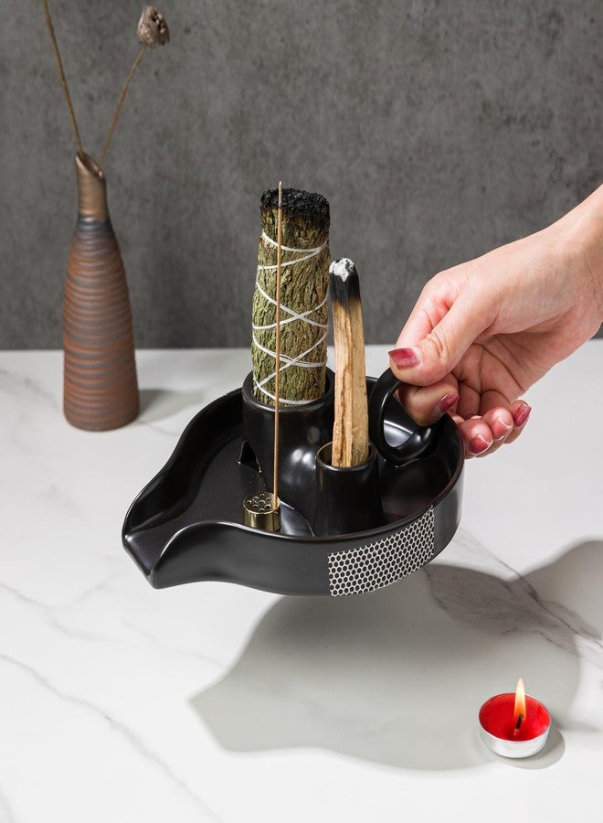 YIASSON Ceramic 4 in 1 Incense Holder Burner, Sage Holder with Handle, Sage Holder for Burning, Palo Santo Holder, Sage and Palo Santo Burner, Incense Stick Holder, Fireproof Bowl for Burning Ritual - Image 3