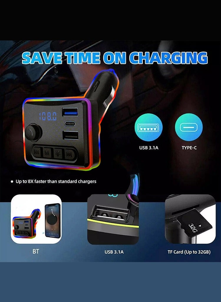 مستر سمارت شاحن سيارة Mr Smart Bluetooth FM Transmitter، RGB LED، USB 3.1A، Type-C، دعم بطاقة TF، مشغل MP3 مع شاشة رقمية - Image 3