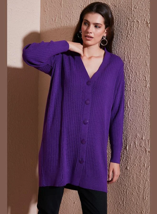 ليلا كارديجان نسائي طويل محبوك بياقة على شكل حرف  وأزرار