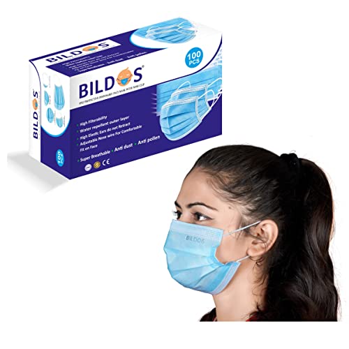 Bildos 3Ply Non-Woven Fabric Disposable Anti-pollution Dust Mask With Nose Clip (Blue,Pack of 100) for Unisex - Image 1