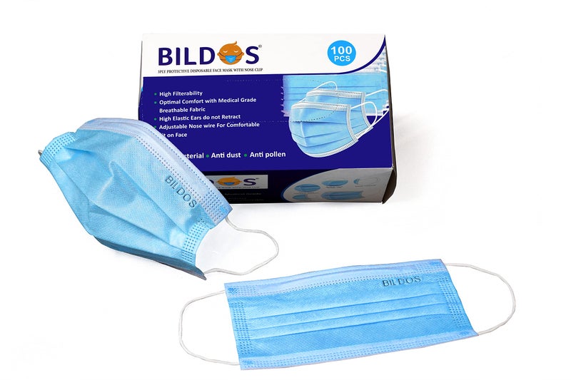 Bildos 3Ply Non-Woven Fabric Disposable Anti-pollution Dust Mask With Nose Clip (Blue,Pack of 100) for Unisex - Image 2