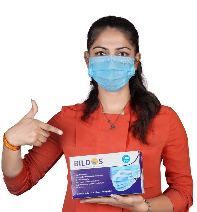 Bildos 3Ply Non-Woven Fabric Disposable Anti-pollution Dust Mask With Nose Clip (Blue,Pack of 100) for Unisex - Image 4