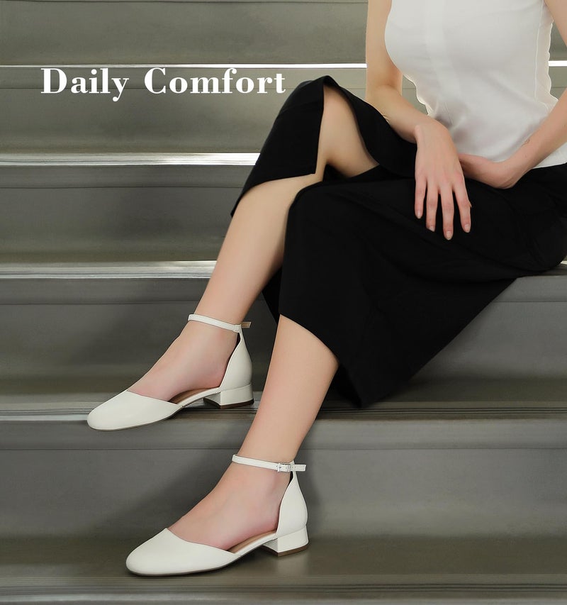 Ankis White Closed Toe Heels for Women, 1 Inch Women's Flats Low Block Heel Women Dress Shoes Womens Pumps Work Shoes with Ankle Strap for Spring Fall - Image 4