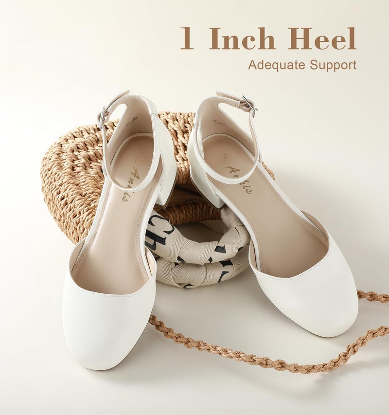 Ankis White Closed Toe Heels for Women, 1 Inch Women's Flats Low Block Heel Women Dress Shoes Womens Pumps Work Shoes with Ankle Strap for Spring Fall - Image 3