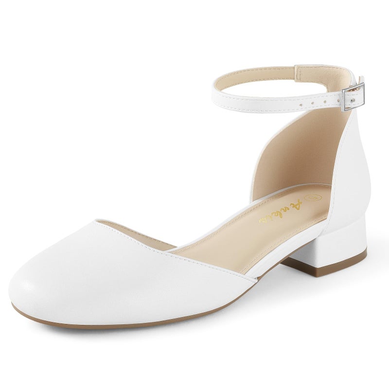 Ankis White Closed Toe Heels for Women, 1 Inch Women's Flats Low Block Heel Women Dress Shoes Womens Pumps Work Shoes with Ankle Strap for Spring Fall - Image 1