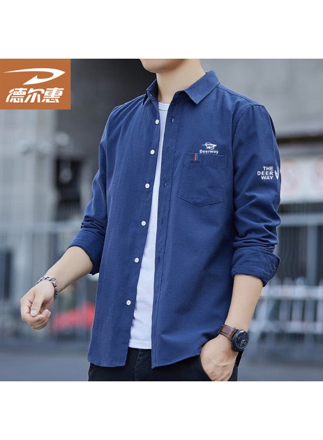 Deerway Men's Long Sleeve Shirt Spring Autumn T-shirt Business Casual All-match Business Base Shirt Dark Blue 2XL