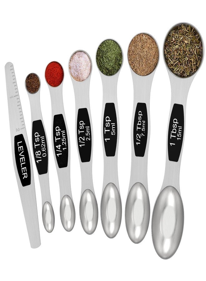 Wildone Magnetic Measuring Spoons Set - Wildone Stainless Steel Double Sided Measuring Spoons Set of 7 Black, for Dry & Liquid Ingredients, Including 6 Heavy Duty Nesting Spoons, 1 Leveler, Fits in Spice Jar - Image 1