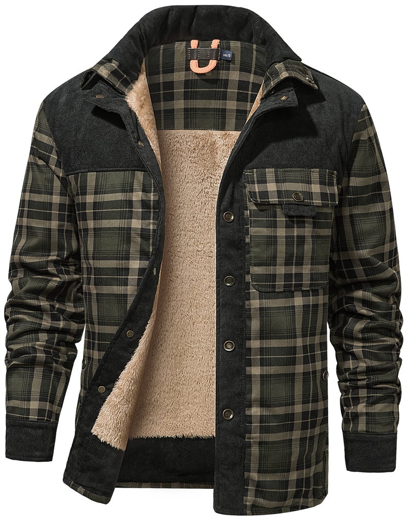 Flygo Mens Flannel Jacket Loose Plaid Sherpa Lined Flannel Shirt Snap Button Warm Winter Jackets PocketsGreenXL