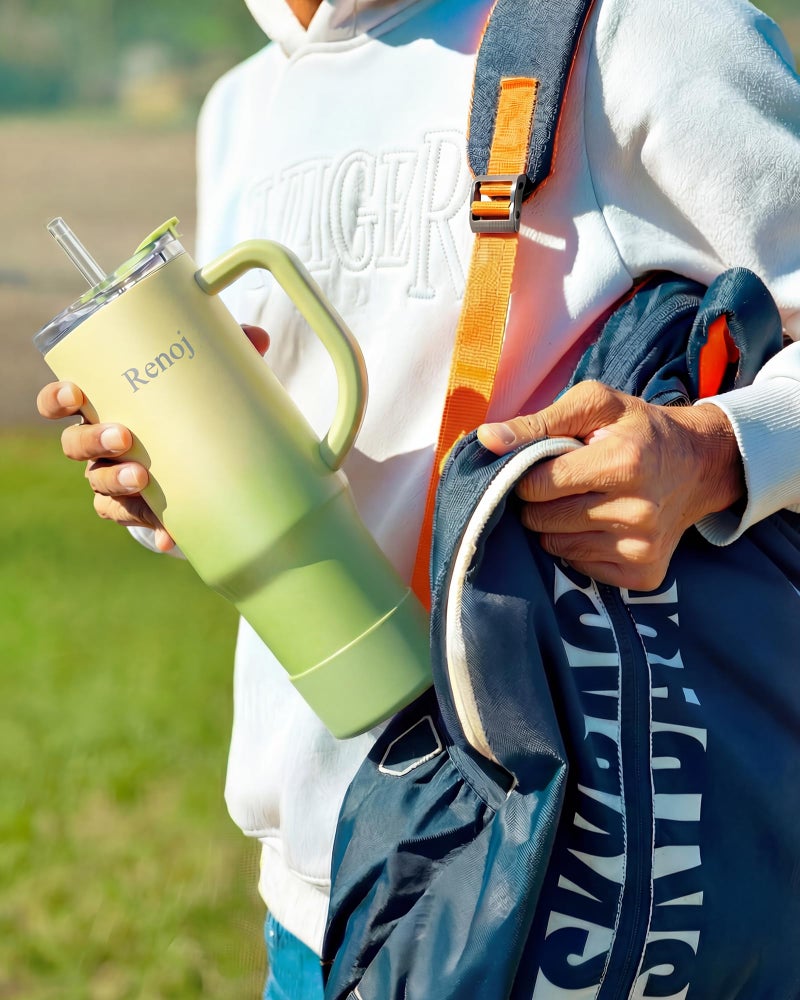 Renoj Insulated Mug 100% Leak Proof Insulated Water Bottle for Iced Coffee & Hot Drinks - Fits Car Cup Holder, Ideal Gift, 2 Straws & Silicone Boot - SnapShift Green Gradient 32 oz - Image 3
