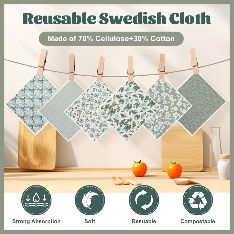 Pinsit Green Swedish Dishcloths for Kitchen, 6 PCS Swedish Dish Cloths, 7.5 x 6.7 Inch Super Absorbent Washable Reusable Floral Cloths Dish Towel, No Odor Cellulose Sponge (Light-Green) - Image 3