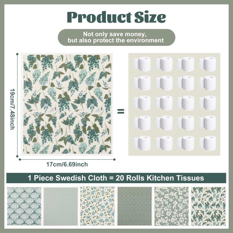 Pinsit Green Swedish Dishcloths for Kitchen, 6 PCS Swedish Dish Cloths, 7.5 x 6.7 Inch Super Absorbent Washable Reusable Floral Cloths Dish Towel, No Odor Cellulose Sponge (Light-Green) - Image 2