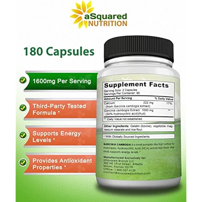 aSquared Nutrition Garcinia Cambogia 1600mg-180 Capsules-Natural Pure Extract Pills for Brain Health- Standardized Ultra HCA & Garcinia Cambogia Supplement Alternative to Gummies, Drops, Tea & Powder - Image 5