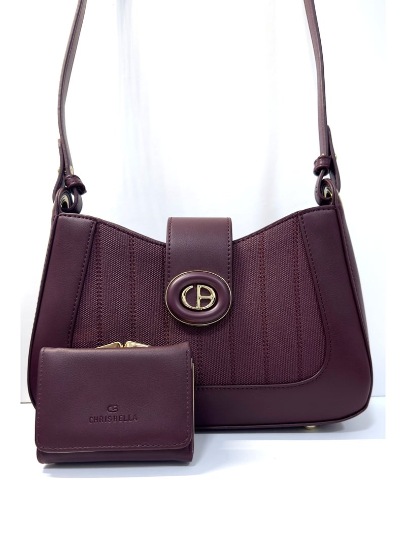 Chrisbella (CB) Handbag with detachable Strap and mini Wallet. Colour: Maroon. dimensions:28x 8X17 cm - Image 1
