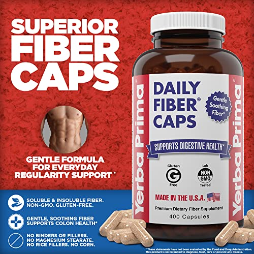 Yerba Prima Daily Fiber Caps Formula 400 Capsules Both Soluble and Insoluble with Psyllium Seed Husks Acacia Gum Apple Fiber and More Dietary Supplement - Image 5