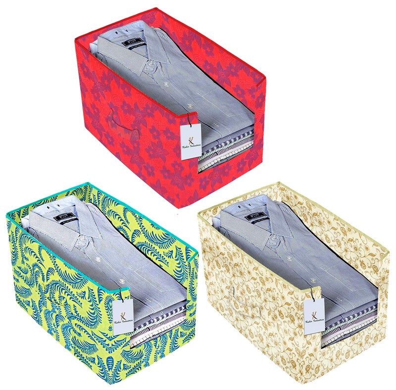 Kuber Industries Metallic Printed 3 Piece Non Woven Shirt Stacker Wardrobe Organizer Set Green Brown Red CTKTC034927 - Image 1