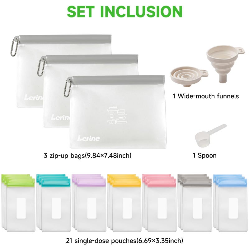 Lerine Protein Powder Travel Container Set, Reusable Protein Powder Container To Go, 21Pcs Single Dose Bags & 3Pcs Large Zip Bags, Portable Supplement Storage Containers with Funnel, Spoon - Image 5