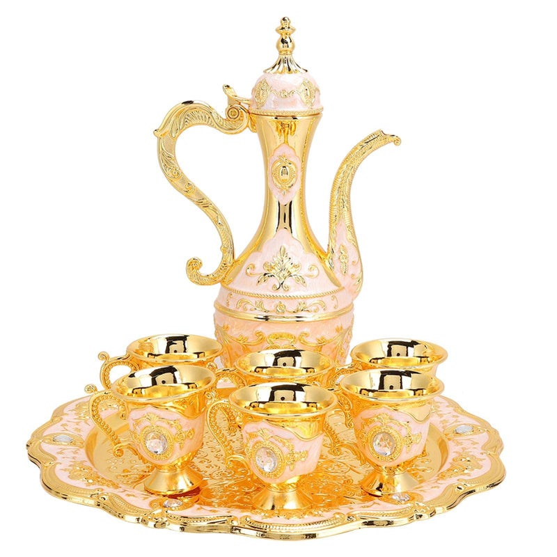 Agatige Turkish Tea Set Gold Turkish Coffee Pot with Vintage Tea Cups and Tea Tray for Home Bar Tea Party Craft Ornaments Wedding Gift 
