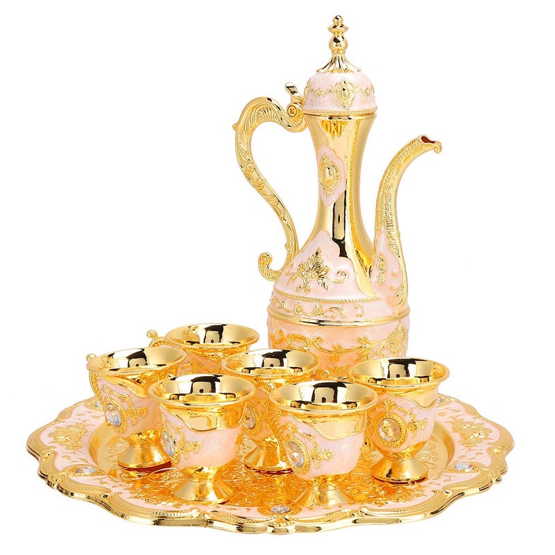 Turkish Tea Set Gold Turkish Coffee Pot with Vintage Tea Cups and Tea Tray for Home Bar Tea Party Craft Ornaments Wedding Gift